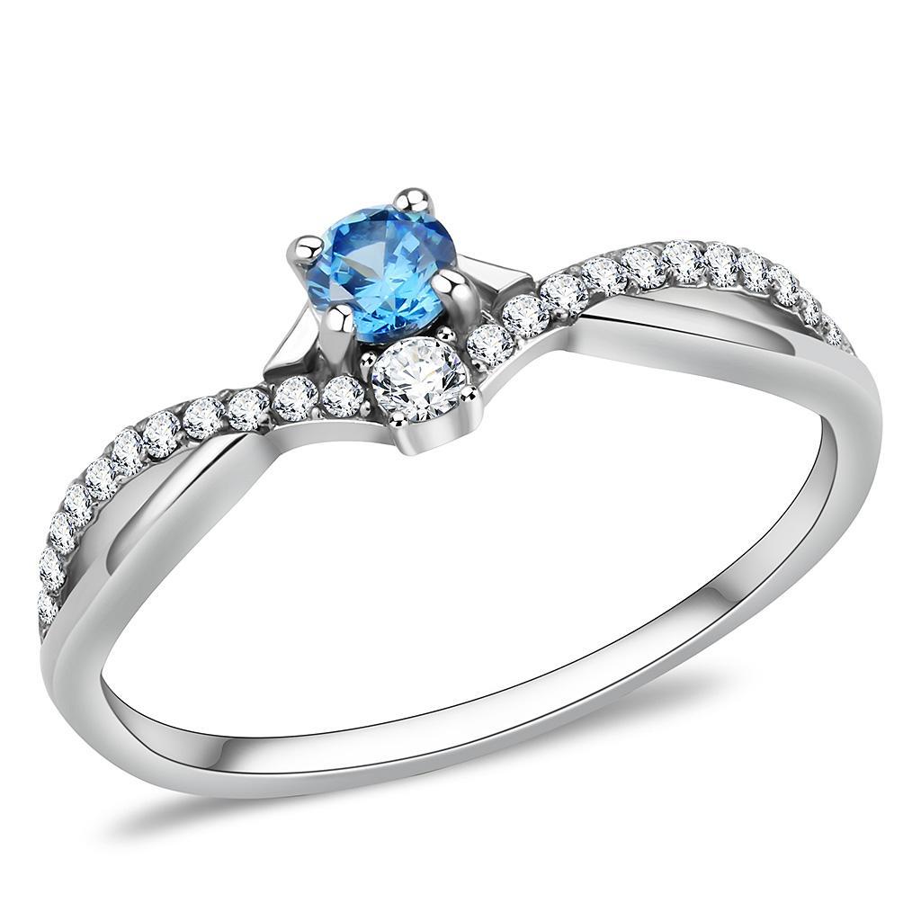 DA120 - High polished (no plating) Stainless Steel Ring with AAA Grade CZ  in Sea Blue-0