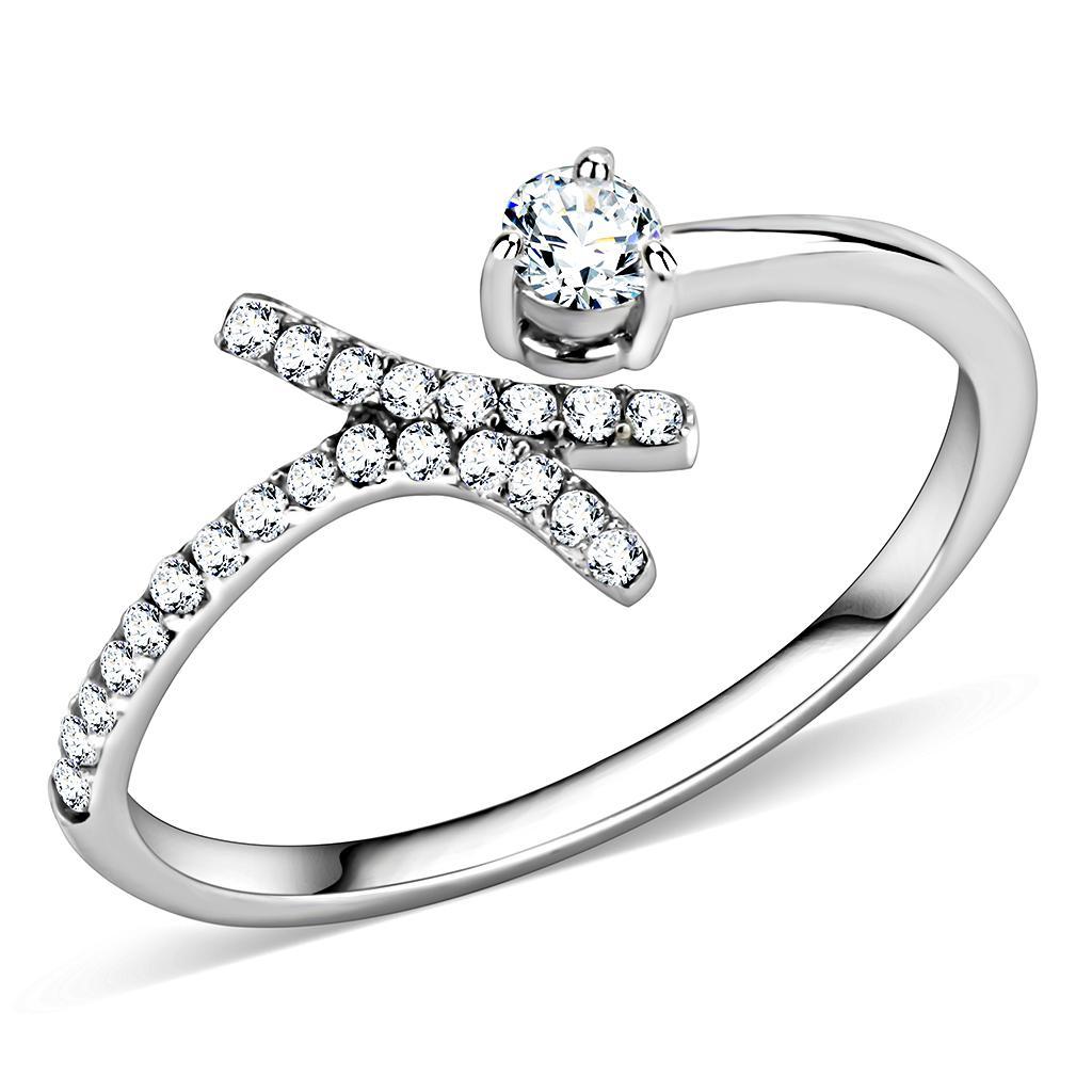 DA145 - High polished (no plating) Stainless Steel Ring with AAA Grade CZ  in Clear-0