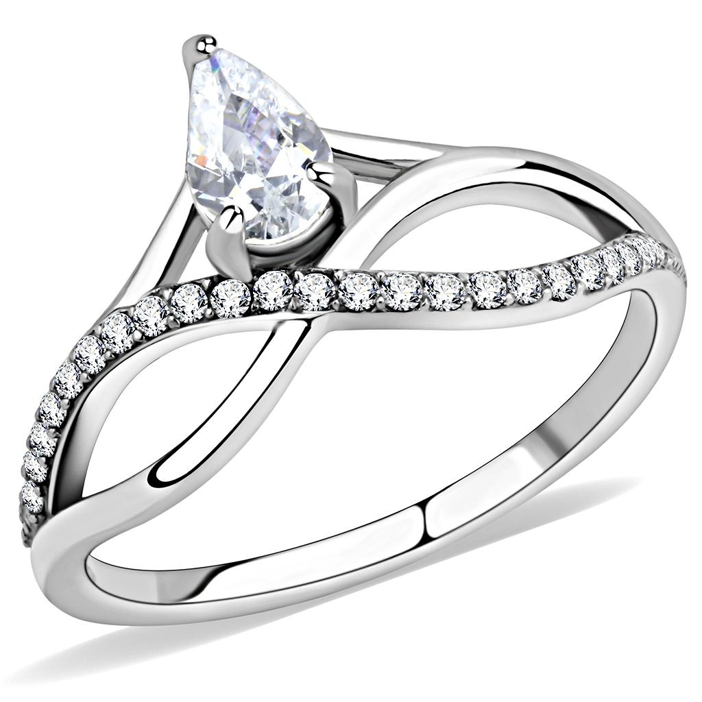 DA149 - High polished (no plating) Stainless Steel Ring with AAA Grade CZ  in Clear-0