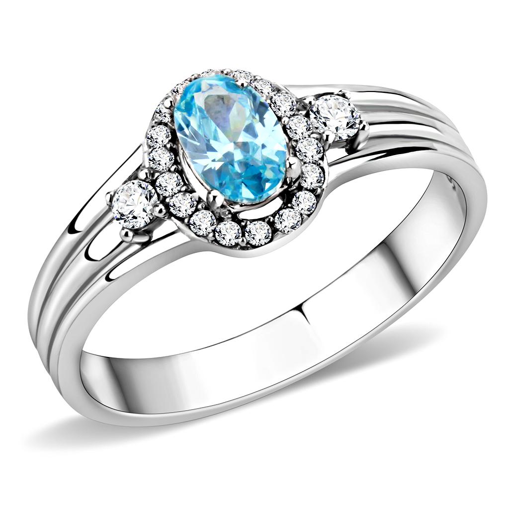 DA166 - High polished (no plating) Stainless Steel Ring with AAA Grade CZ  in Sea Blue-0