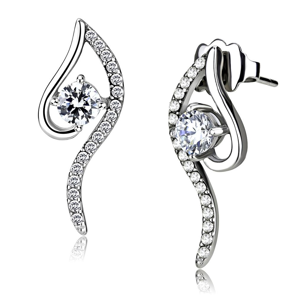 DA177 - High polished (no plating) Stainless Steel Earrings with AAA Grade CZ  in Clear-0