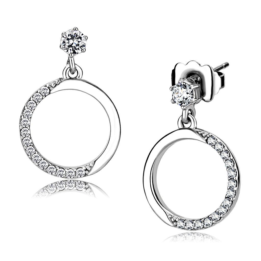 DA180 - High polished (no plating) Stainless Steel Earrings with AAA Grade CZ  in Clear-0
