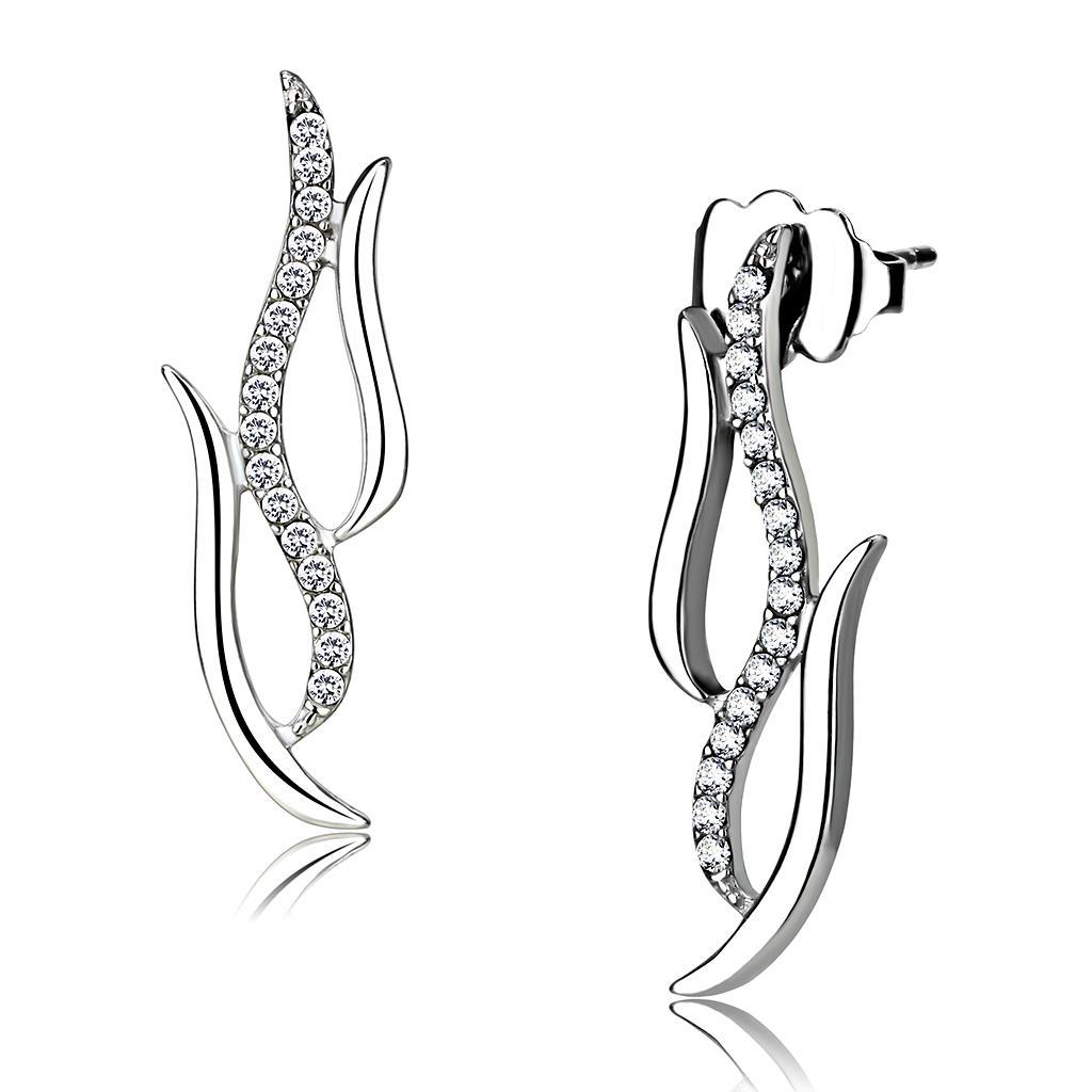 DA182 - High polished (no plating) Stainless Steel Earrings with AAA Grade CZ  in Clear-0