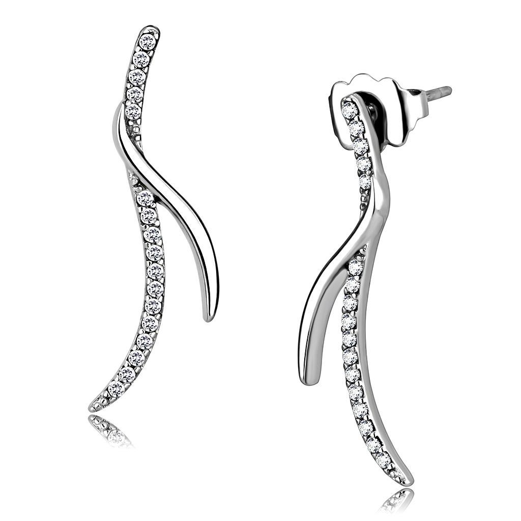 DA183 - High polished (no plating) Stainless Steel Earrings with AAA Grade CZ  in Clear-0