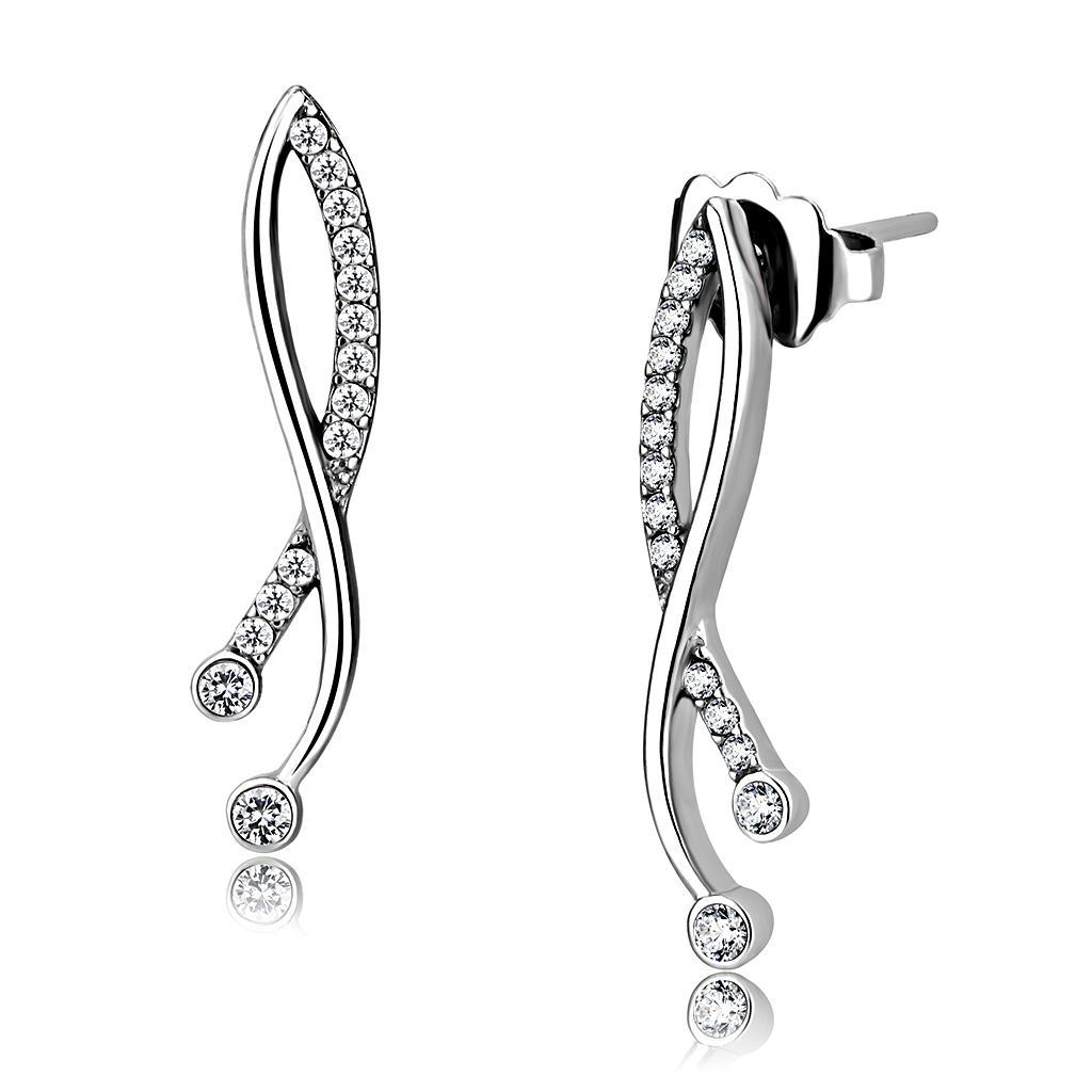 DA184 - High polished (no plating) Stainless Steel Earrings with AAA Grade CZ  in Clear-0