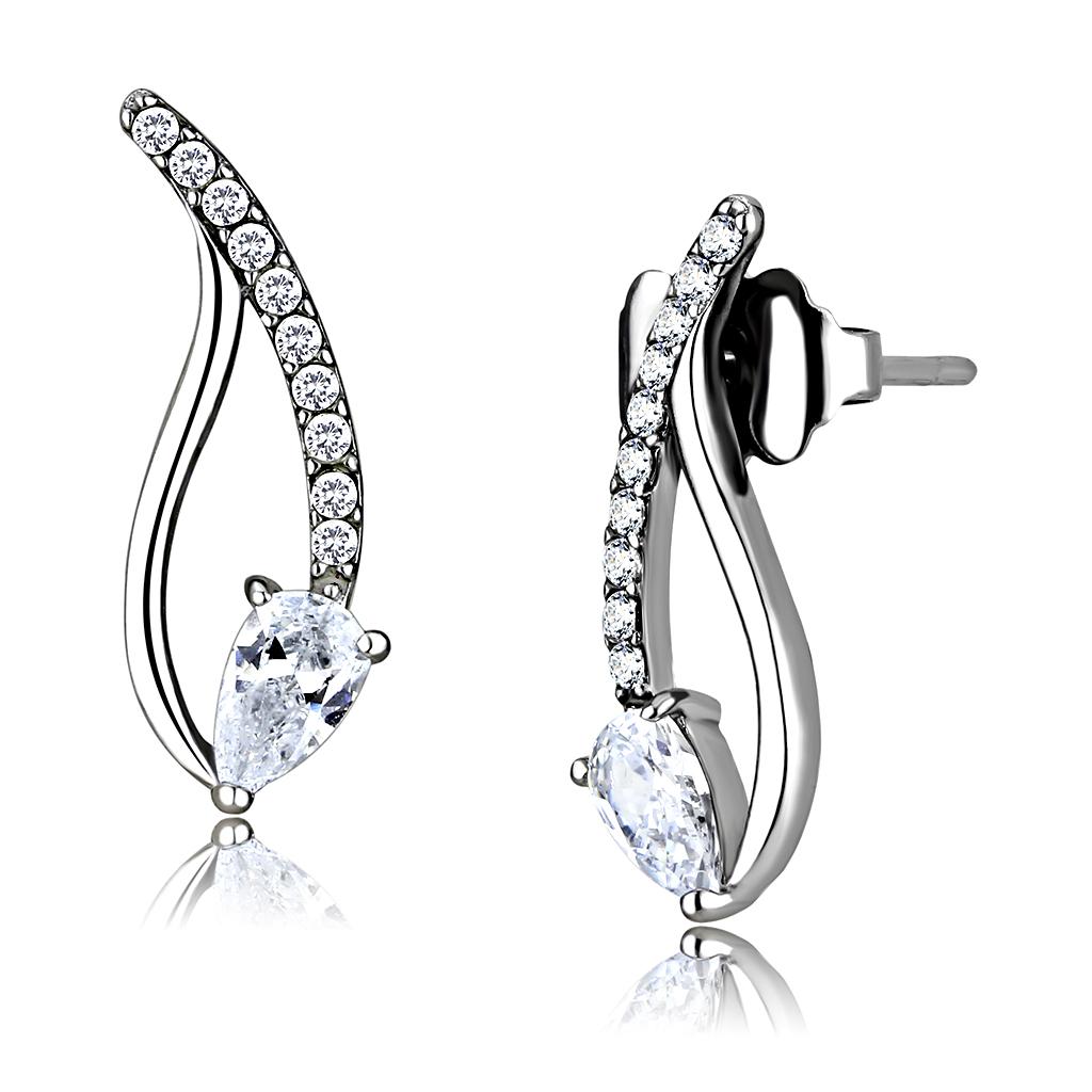 DA185 - High polished (no plating) Stainless Steel Earrings with AAA Grade CZ  in Clear-0