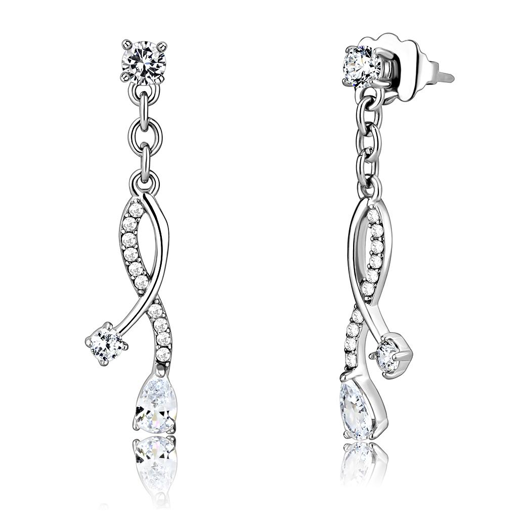 DA190 - High polished (no plating) Stainless Steel Earrings with AAA Grade CZ  in Clear-0