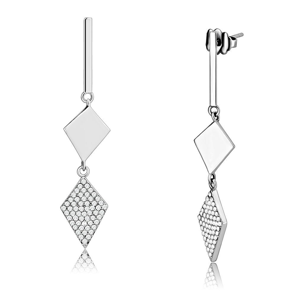 DA194 - High polished (no plating) Stainless Steel Earrings with AAA Grade CZ  in Clear-0