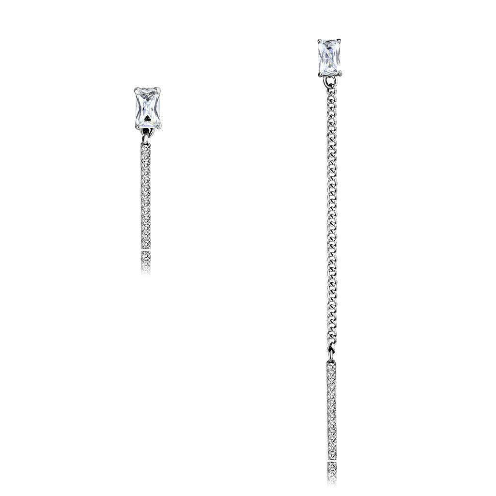 DA202 - High polished (no plating) Stainless Steel Earrings with AAA Grade CZ  in Clear-0