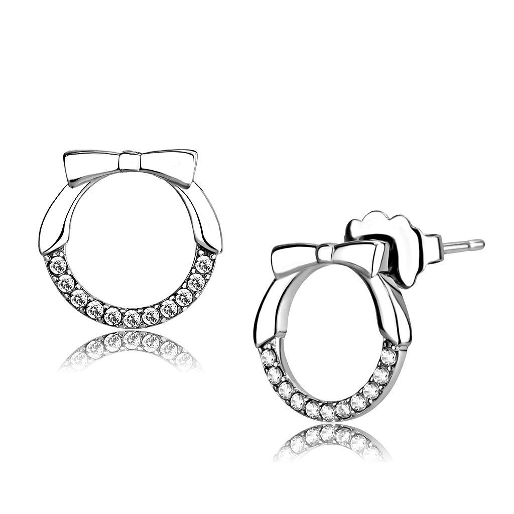 DA210 - High polished (no plating) Stainless Steel Earrings with AAA Grade CZ  in Clear-0
