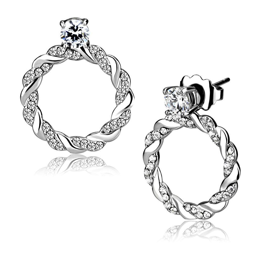 DA217 - High polished (no plating) Stainless Steel Earrings with AAA Grade CZ  in Clear-0