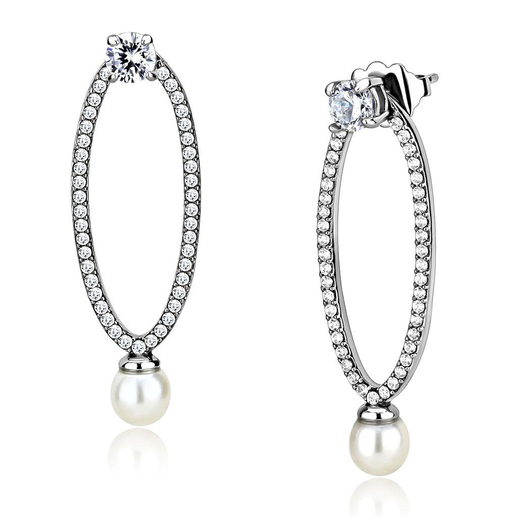 DA223 - High polished (no plating) Stainless Steel Earrings with Synthetic Pearl in White-0