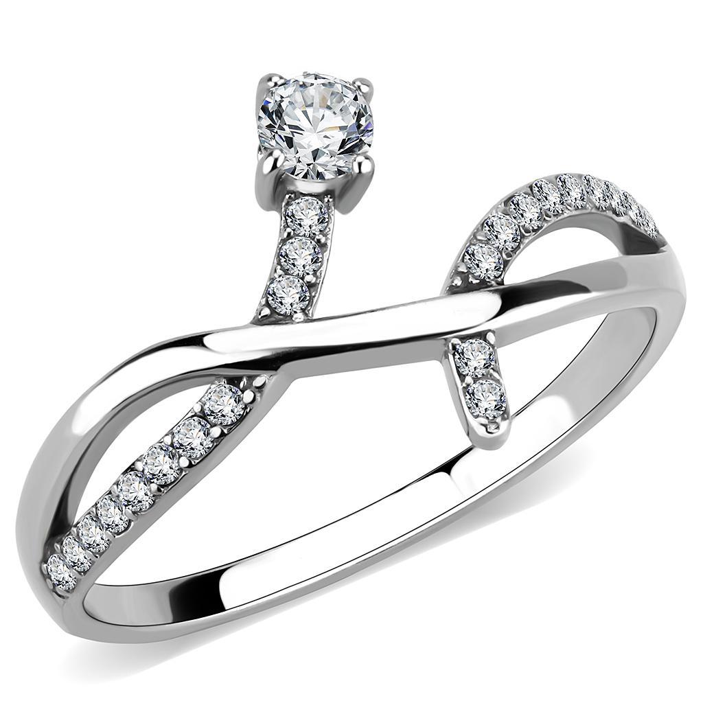 DA240 - High polished (no plating) Stainless Steel Ring with AAA Grade CZ  in Clear-0