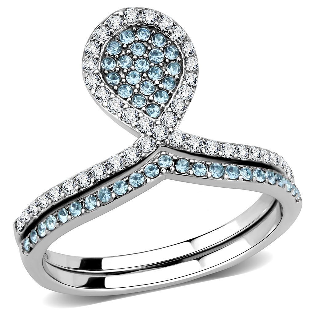 DA268 - High polished (no plating) Stainless Steel Ring with AAA Grade CZ  in Sea Blue-0