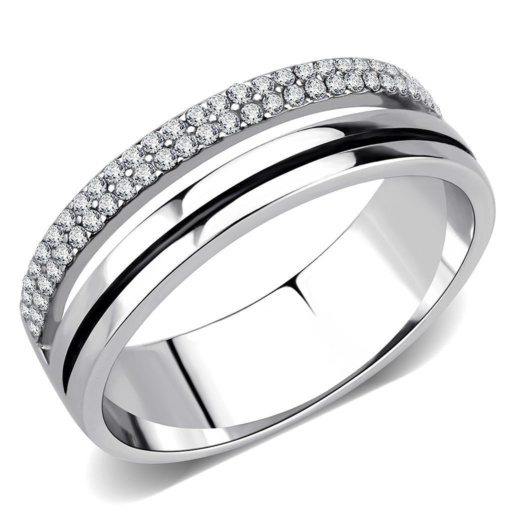 DA275 - High polished (no plating) Stainless Steel Ring with AAA Grade CZ  in Clear-0