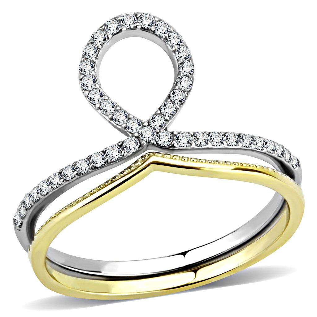 DA278 - Two-Tone IP Gold (Ion Plating) Stainless Steel Ring with AAA Grade CZ  in Clear-0