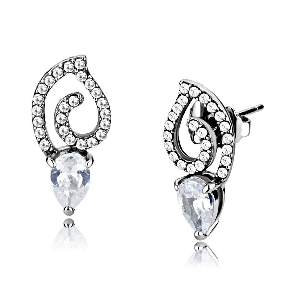 DA291 - High polished (no plating) Stainless Steel Earrings with AAA Grade CZ  in Clear-0