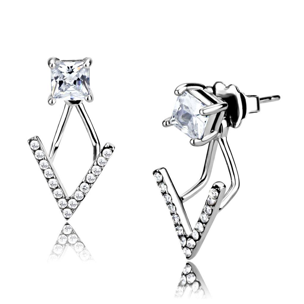 DA292 - High polished (no plating) Stainless Steel Earrings with AAA Grade CZ  in Clear-0