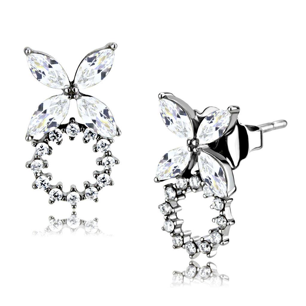 DA296 - High polished (no plating) Stainless Steel Earrings with AAA Grade CZ  in Clear-0