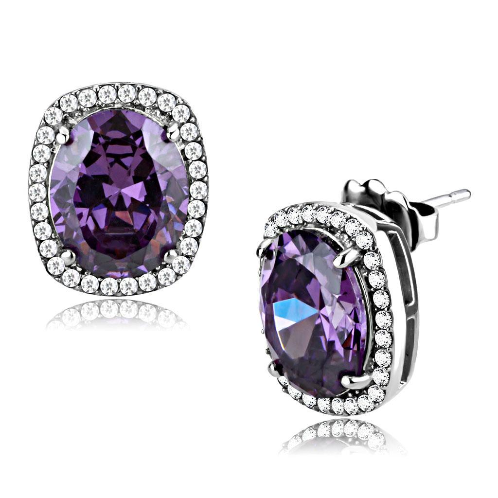 DA298 - High polished (no plating) Stainless Steel Earrings with AAA Grade CZ  in Amethyst-0