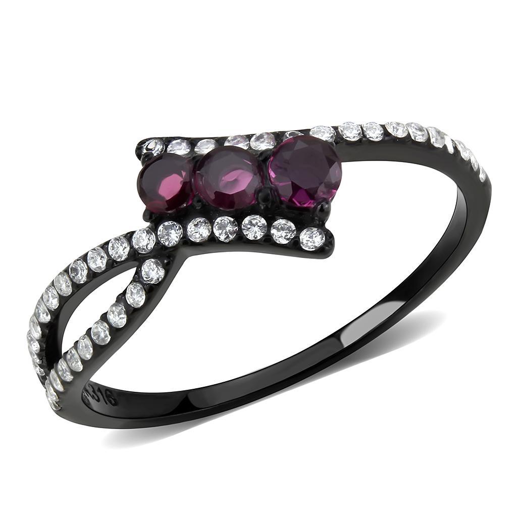 DA324 - IP Black(Ion Plating) Stainless Steel Ring with AAA Grade CZ  in Fuchsia-0