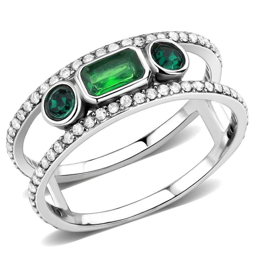 DA348 - High polished (no plating) Stainless Steel Ring with Synthetic Synthetic Glass in Emerald-0