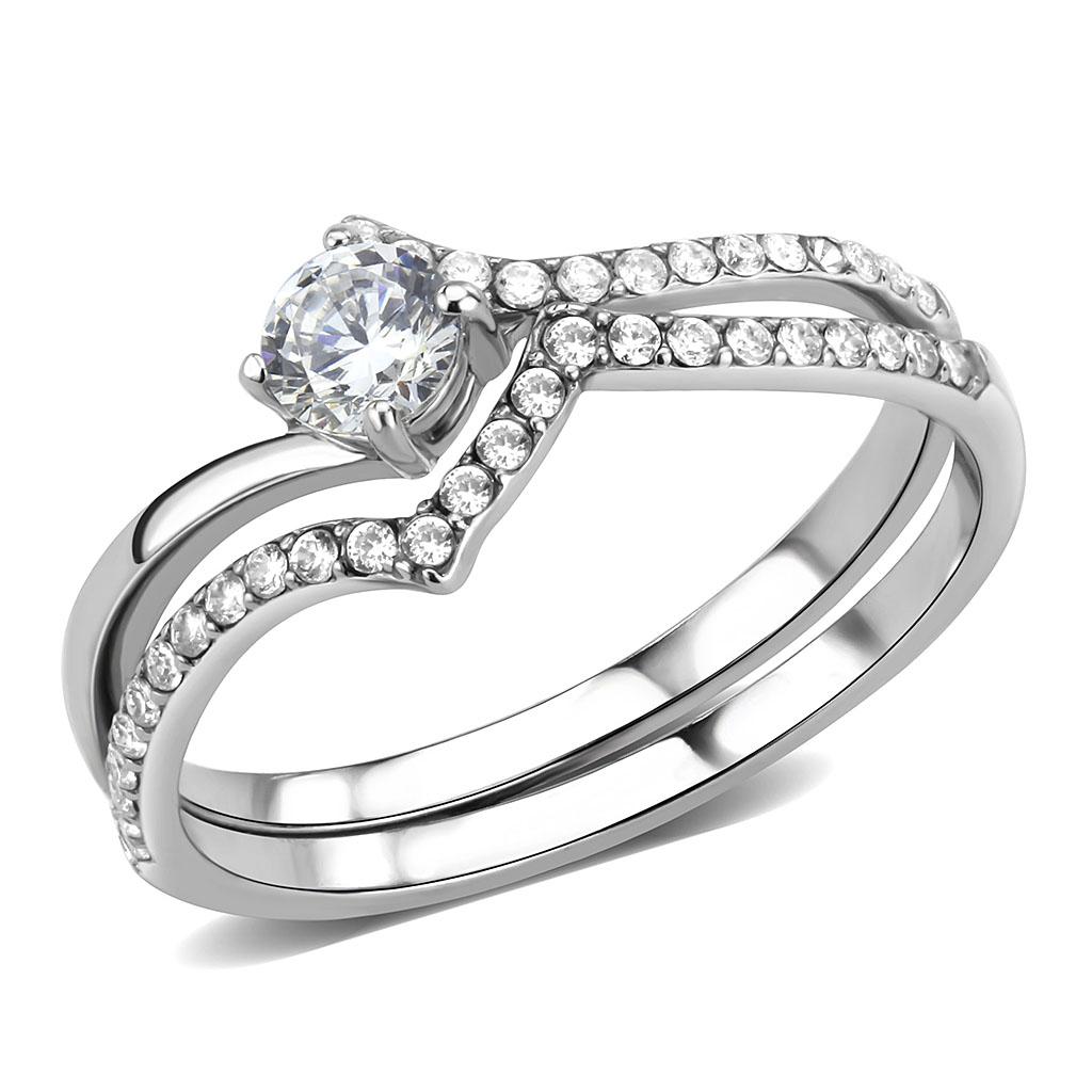 DA350 - High polished (no plating) Stainless Steel Ring with AAA Grade CZ  in Clear-0