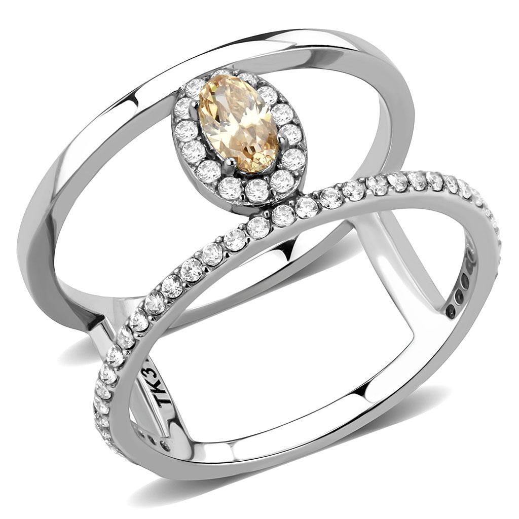 DA352 - High polished (no plating) Stainless Steel Ring with AAA Grade CZ  in Champagne-0