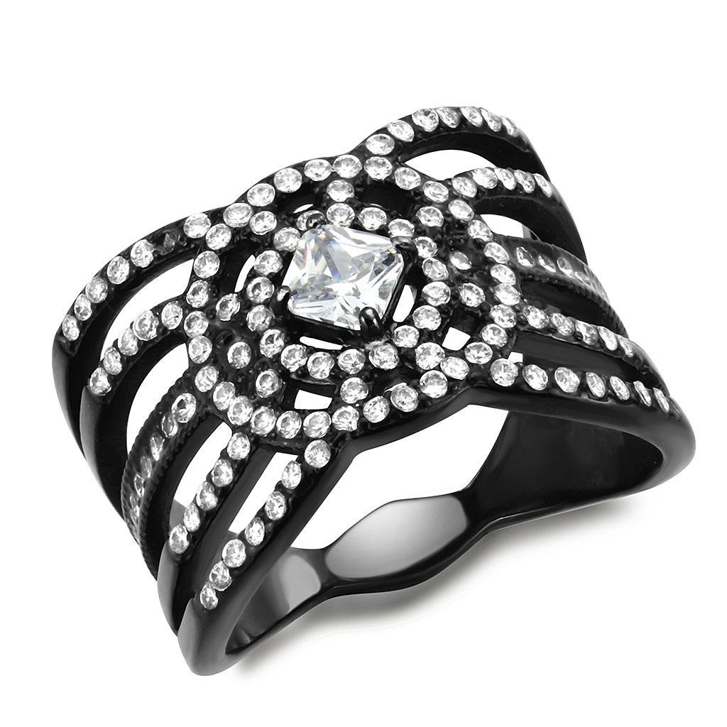 DA363 - IP Black(Ion Plating) Stainless Steel Ring with AAA Grade CZ  in Clear-0