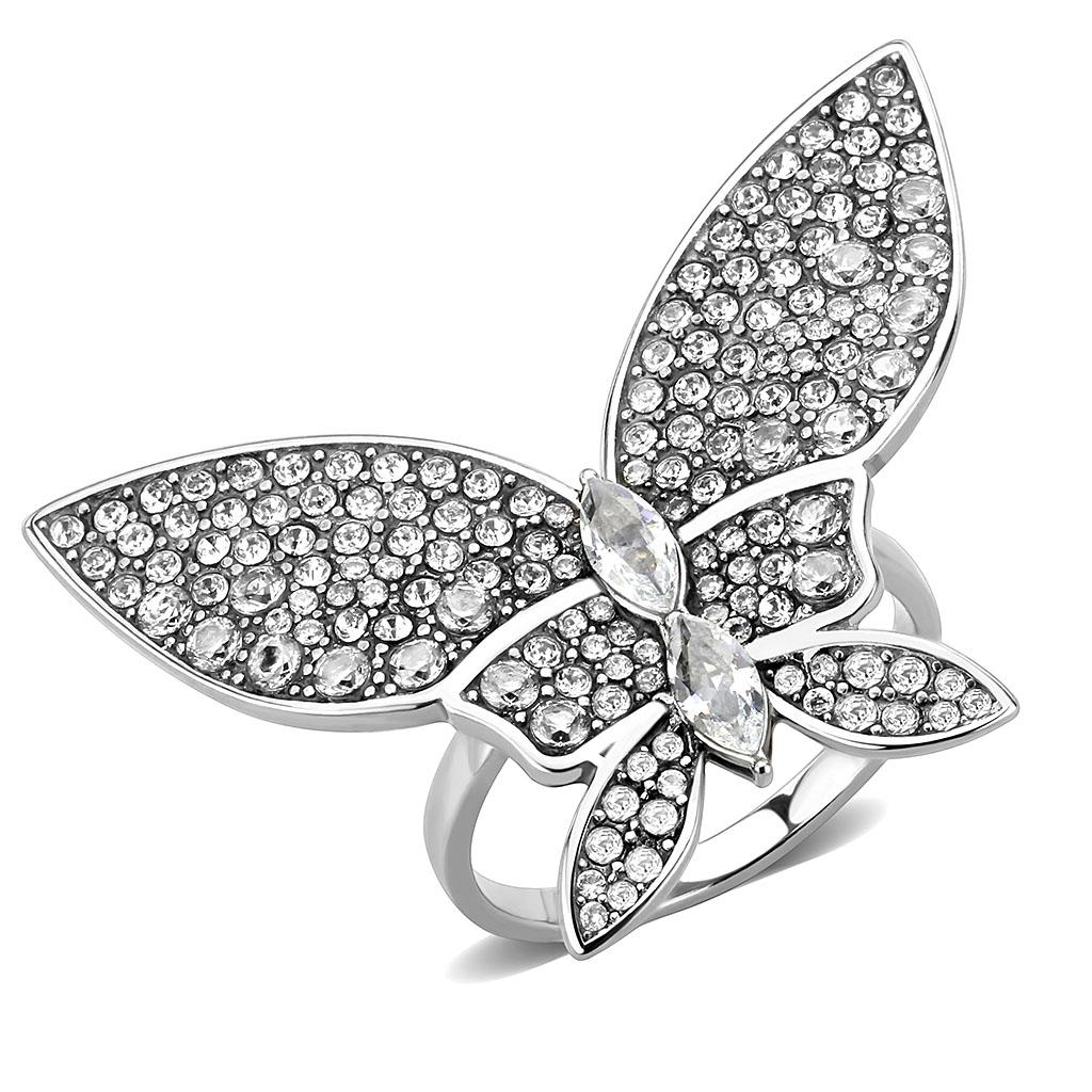 DA365 - High polished (no plating) Stainless Steel Ring with AAA Grade CZ  in Clear-0