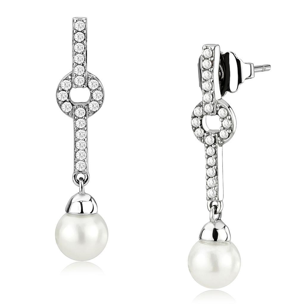 DA370 - High polished (no plating) Stainless Steel Earrings with Synthetic Pearl in White-0