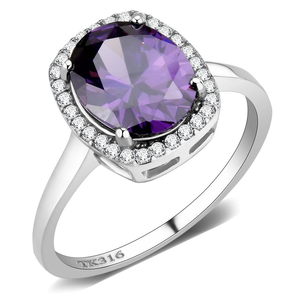 DA385 - High polished (no plating) Stainless Steel Ring with AAA Grade CZ  in Amethyst-0
