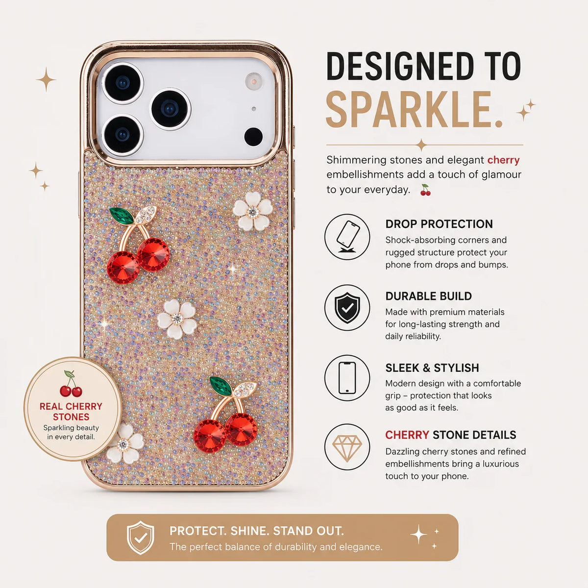 Hilo Crystal Cherry iPhone 18 Pro Max Case – Gold-Tone Frame-3