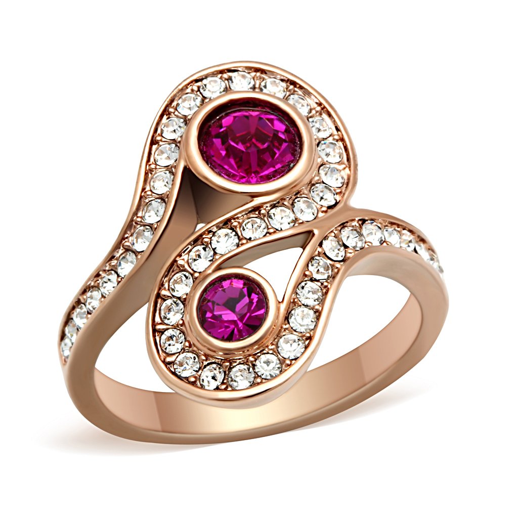 GL153 - IP Rose Gold(Ion Plating) Brass Ring with Top Grade Crystal  in Fuchsia-0