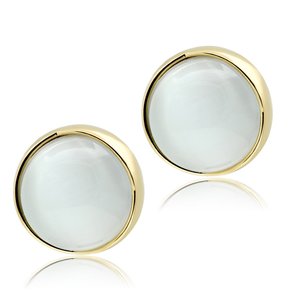 GL253 - IP Gold(Ion Plating) Brass Earrings with Synthetic Cat Eye in White-0