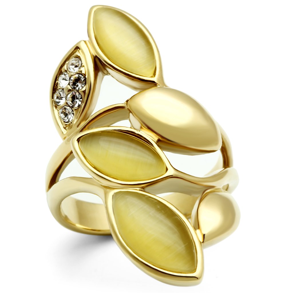 GL302 - IP Gold(Ion Plating) Brass Ring with Synthetic Cat Eye in Citrine Yellow-0