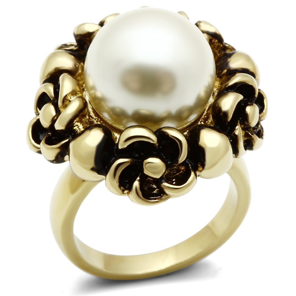 GL308 - IP Gold(Ion Plating) Brass Ring with Synthetic Pearl in White-0