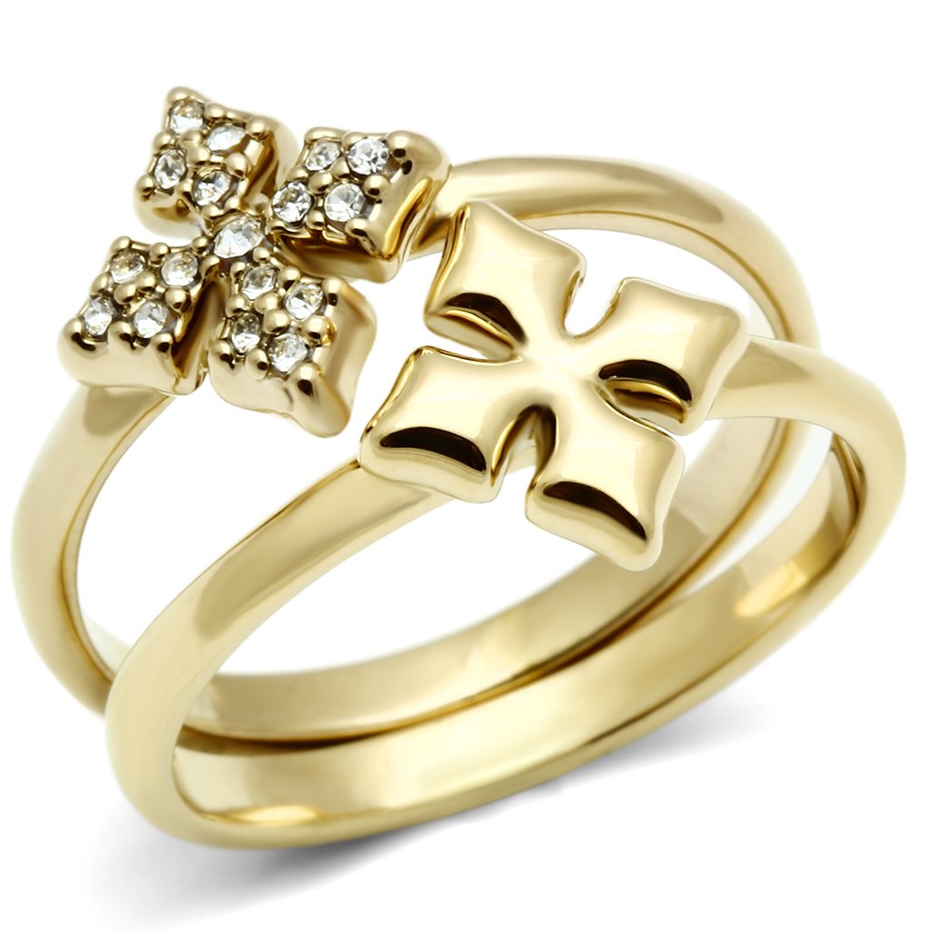 GL319 - IP Gold(Ion Plating) Brass Ring with Top Grade Crystal  in Clear-0
