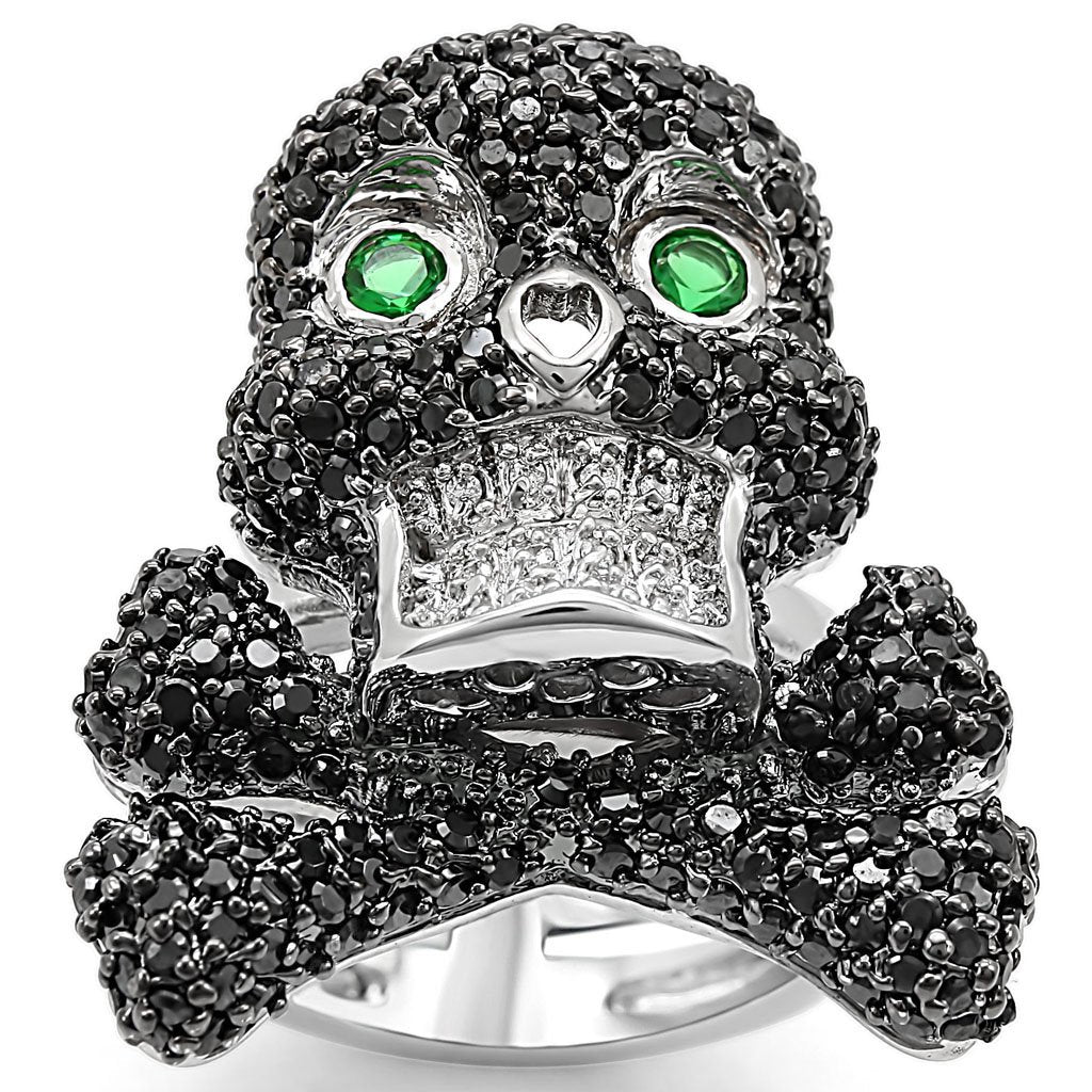 LO1345 - Rhodium + Ruthenium Brass Ring with Synthetic Synthetic Glass in Emerald-0