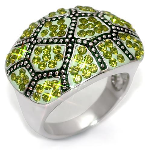 LO1519 - Rhodium Brass Ring with Top Grade Crystal  in Olivine color-0