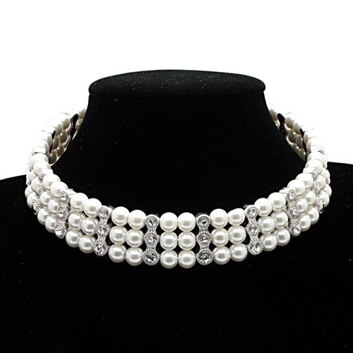 LO1609 - Rhodium Brass Necklace with Synthetic Pearl in White-0