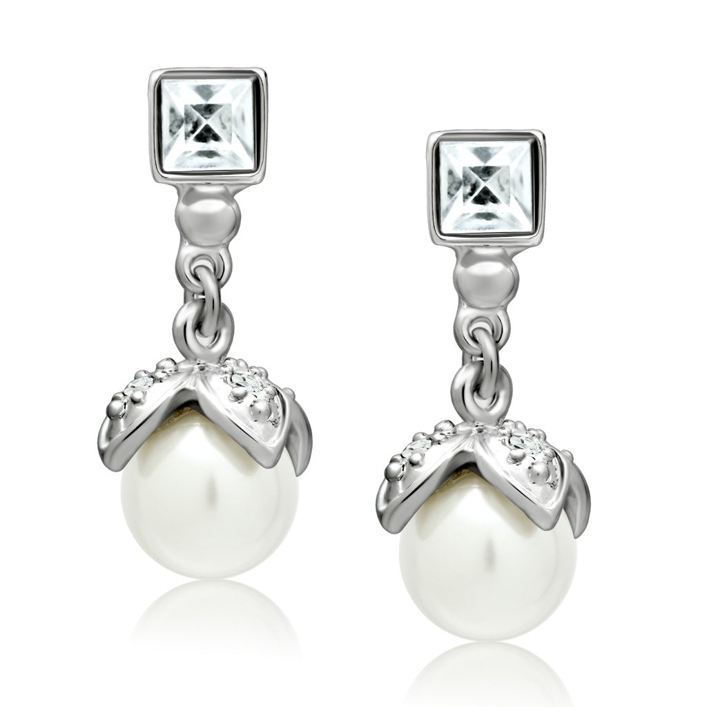 LO1973 - Rhodium White Metal Earrings with Synthetic Pearl in White-0