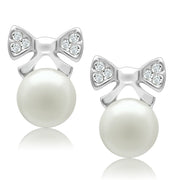 LO1980 - Rhodium White Metal Earrings with Synthetic Pearl in White-0