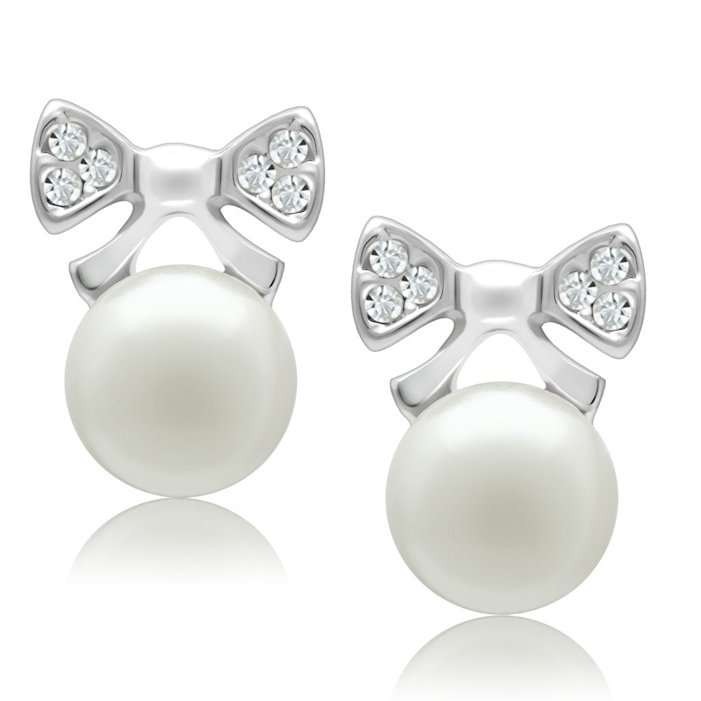 LO1980 - Rhodium White Metal Earrings with Synthetic Pearl in White-0