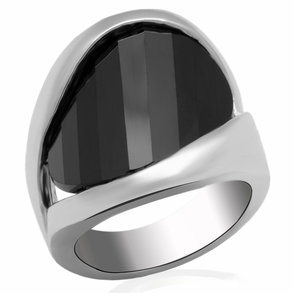 LO2063 - Rhodium Brass Ring with AAA Grade CZ  in Jet-0
