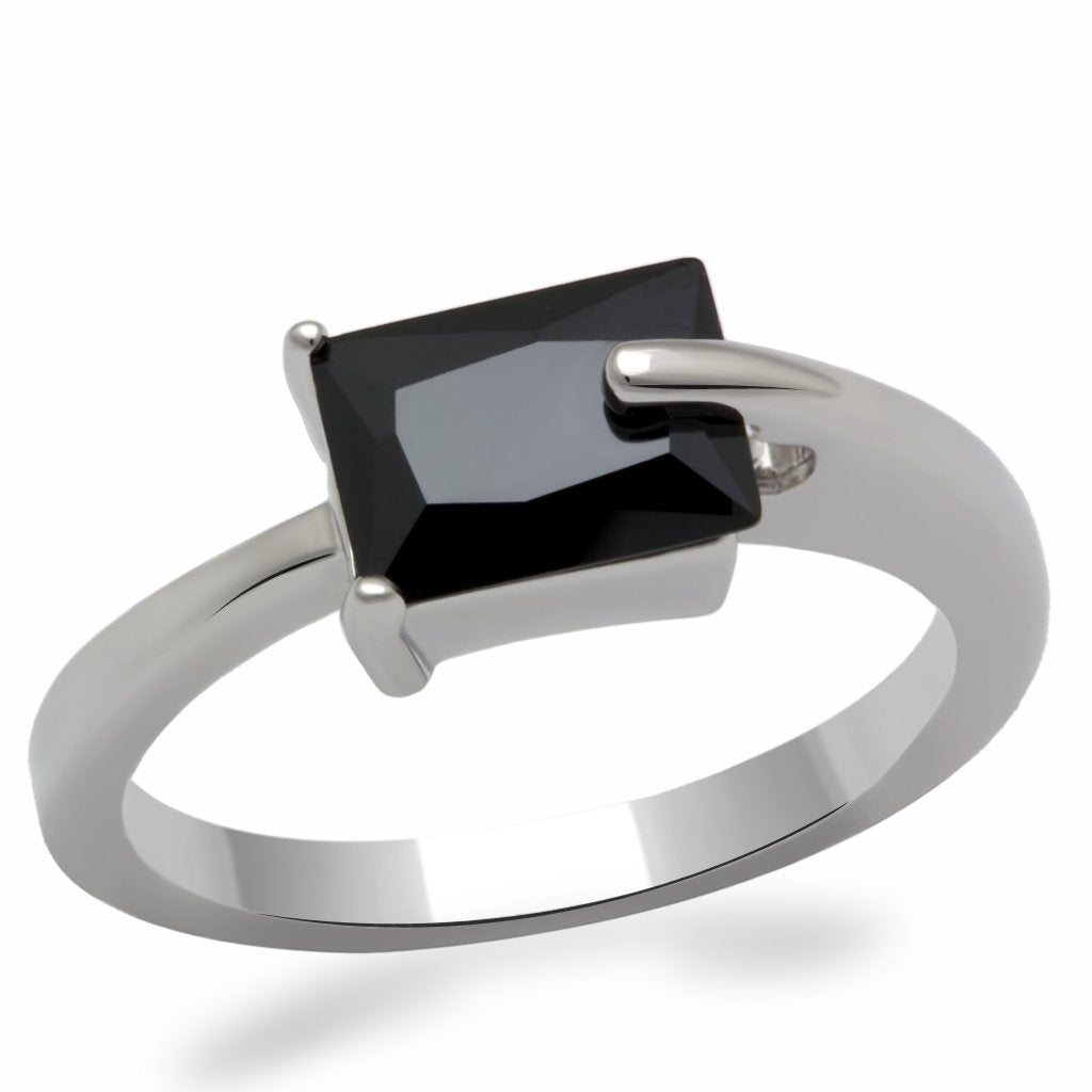 LO2066 - Rhodium Brass Ring with AAA Grade CZ  in Jet-0