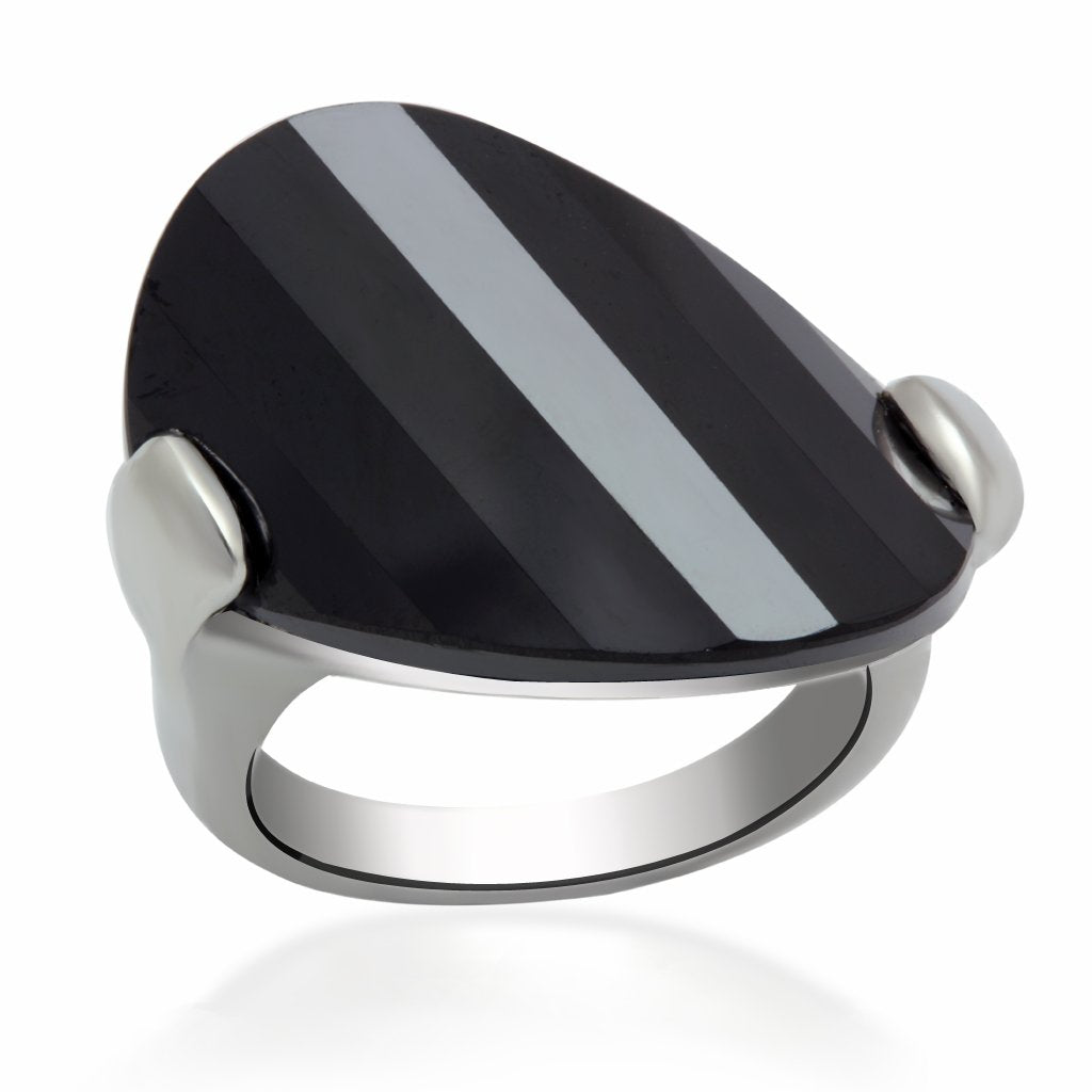 LO2085 - Rhodium Brass Ring with AAA Grade CZ  in Jet-0