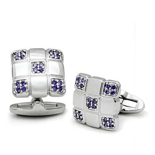 LO2296 - Rhodium Brass Cufflink with AAA Grade CZ  in Amethyst-0
