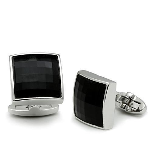 LO2297 - Rhodium Brass Cufflink with Synthetic Synthetic Glass in Jet-0