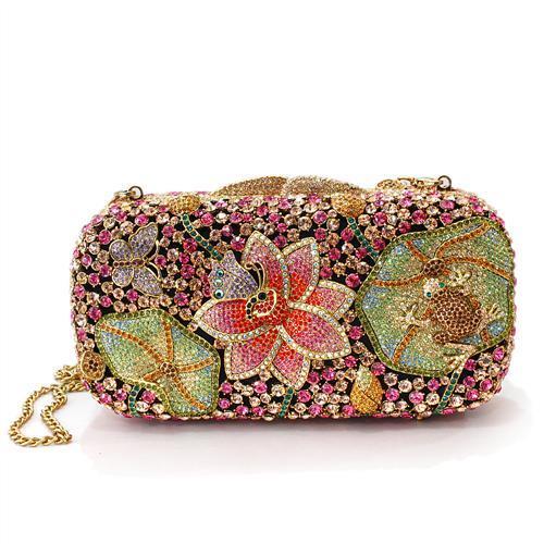 LO2375 - Ancientry Gold White Metal Clutch with Top Grade Crystal  in Multi Color-0
